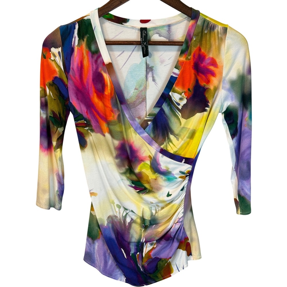 RARE Elana Kattan Made in USA Multicolor Abstract‎ Crossover Top V-Neck Sz Small